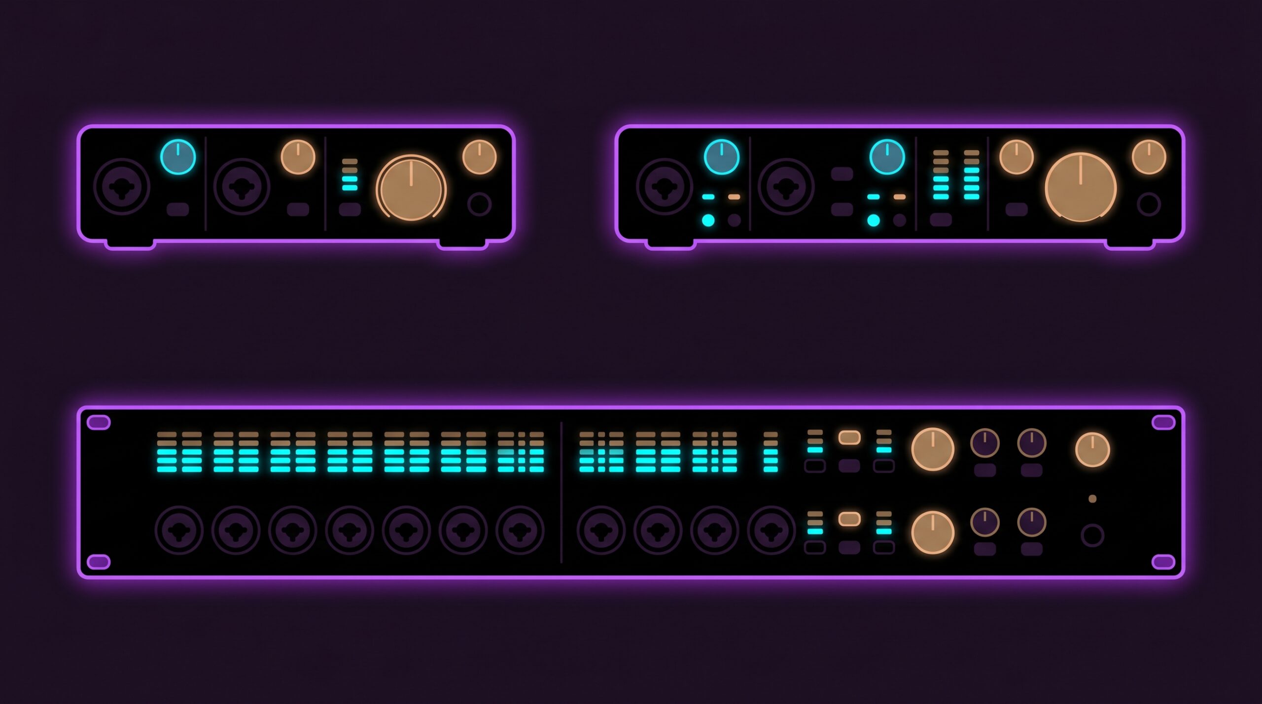 Silhouettes of various professional audio interfaces