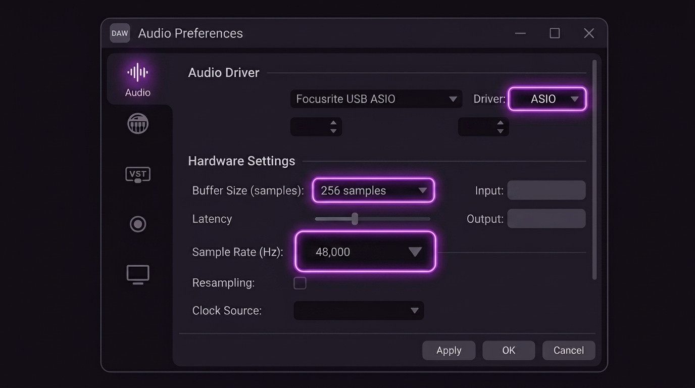 Mockup of DAW Audio Preferences window showing sample rate and buffer size
