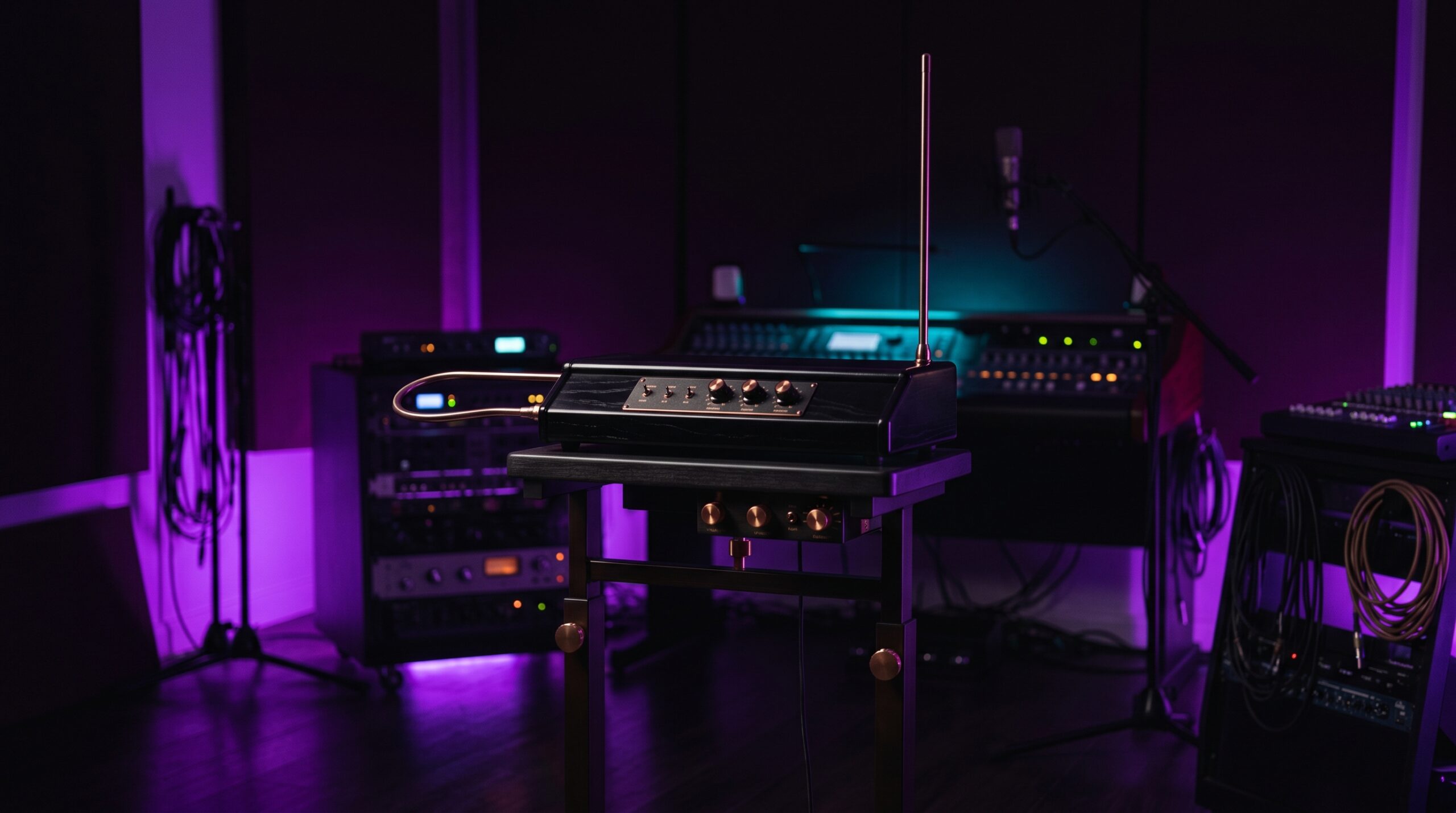 Cinematic view of a theremin in a recording studio