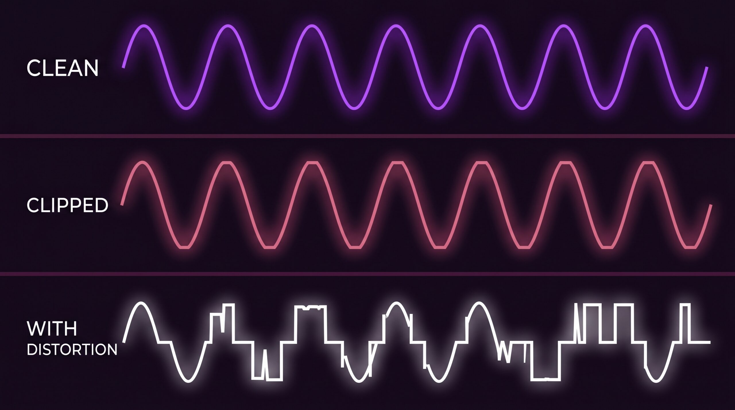 Visual comparison of a clean sine wave, a clipped wave, and a wave with 50 Hz hum